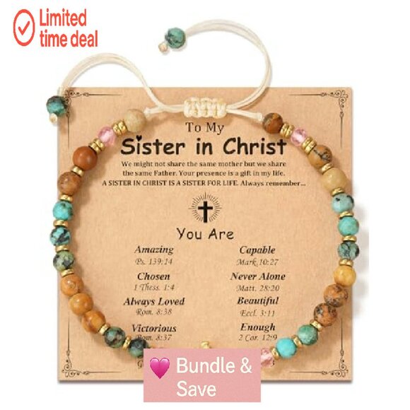 Christian Cross Bracelet with Natural Stones, Adjustable Elastic, Scripture Card - Picture 2 of 8